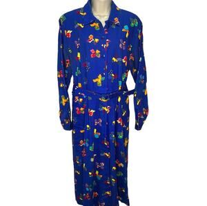 Vintage Tanner Womens Midi Shirt Dress Belt Size 12 Bows Print Long Sleeve Blue